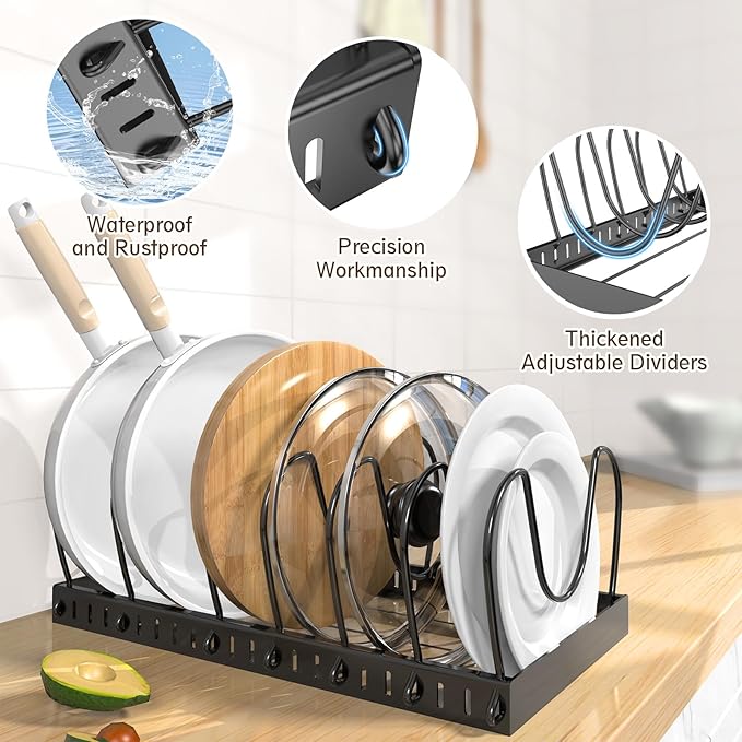 NomNest 2PACK Lid Organizers for Kitchen, Pots and Pans Organizer Under Cabinet with 16 Adjustable Dividers, Countertop Lid Holder, Rust-Resistant, Tool-Free Installation, Easy to Clean