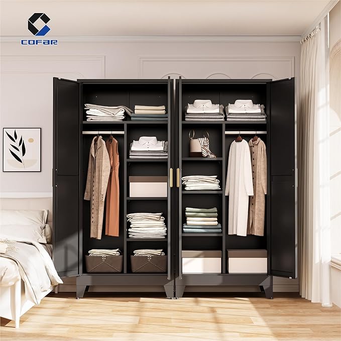 COFaR Wardrobe Closet with Doors, Metal Bedroom Armoire with Adjustable Hanging Rod and Shelves, Farmhouse Broom Closet Storage Cabinet for Garage Laundry Office, 70.87" H x 31.5" W x 17.72" D, Black