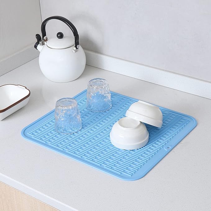 MicoYang Silicone Dish Drying Mat for Multiple Usage,Easy clean,Eco-friendly,Heat-resistant Silicone Mat for Kitchen Counter or Sink,Refrigerator or Drawer Liner Light Blue 2XL 24 inches x 18 inches