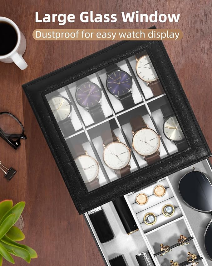 Uten 8-Slot Watch Box, 2-Layers PU Leather Watch Case with Glass Lid, Watch Holder Organizer with Soft Pillow and Velvet Lining, Watch and Jewelry Storage Box