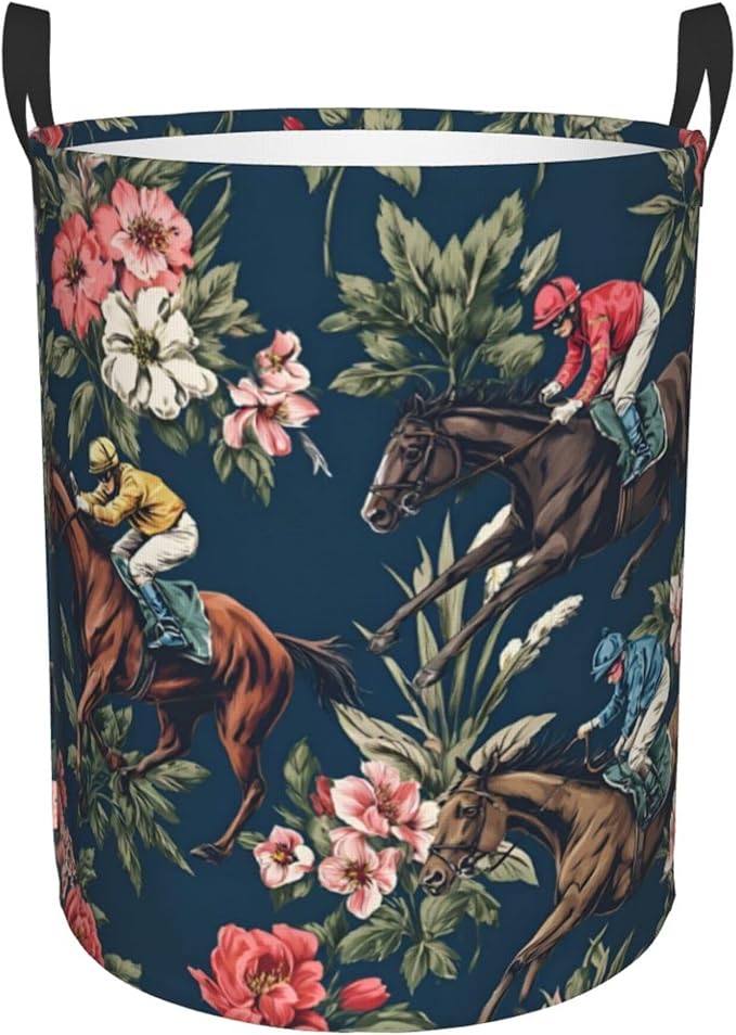 Large Laundry Basket with Handles, Horse Racing Floral Print, Navy Blue, 19.6x15.7 Inches, Collapsible Storage Bin (Horse Racing)