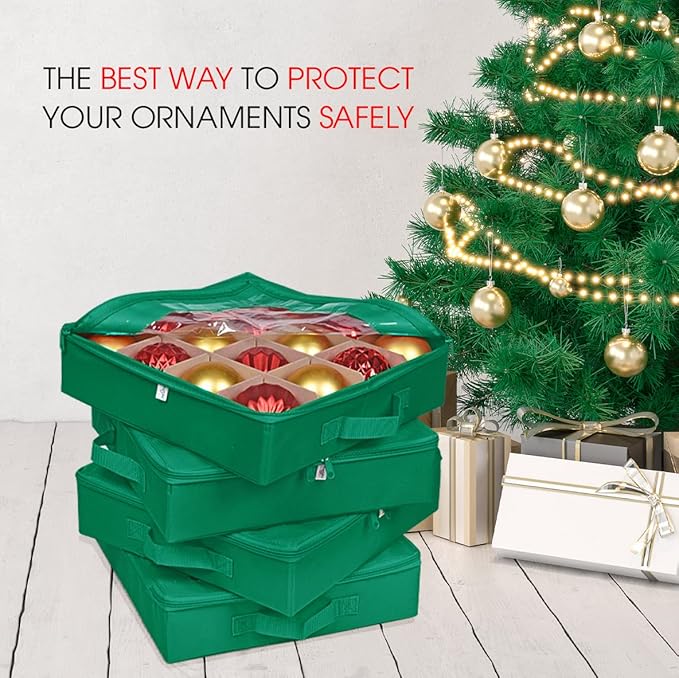 ProPik 4 Pcs Christmas Ornament Storage Boxes with Dividers | 4 Individual Trays Hold 64 Holiday Decoration Balls | Durable Ornaments Organizer Storage Box | Zippered Closure with Handles (Green)