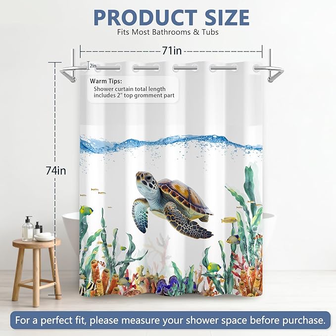 Sea Turtle Shower Curtain Set, Ringless Shower Curtains with Snap-in Washable Shower Curtain Liner and See-Through Window, Nautical Bathroom Decor, 71x74 Inches