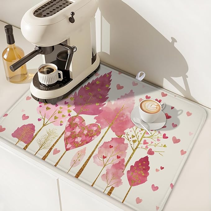 Valentines Day Pink Tree Dish Drying Mat for Kitchen Counter 24x18 Inch Heart Drying Mat with Absorbent Reversible Microfiber Love Dish Drainer Mats Rack Pad for Coffee Countertop Protector
