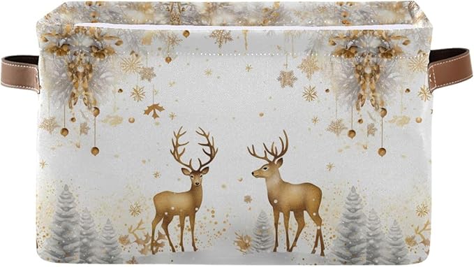 ALAZA Golden Reindeer Deer Merry Christmas Foldable Storage Box Storage Basket Organizer Bins with Handles for Shelf Closet Living Room Bedroom Home Office 1 Pack