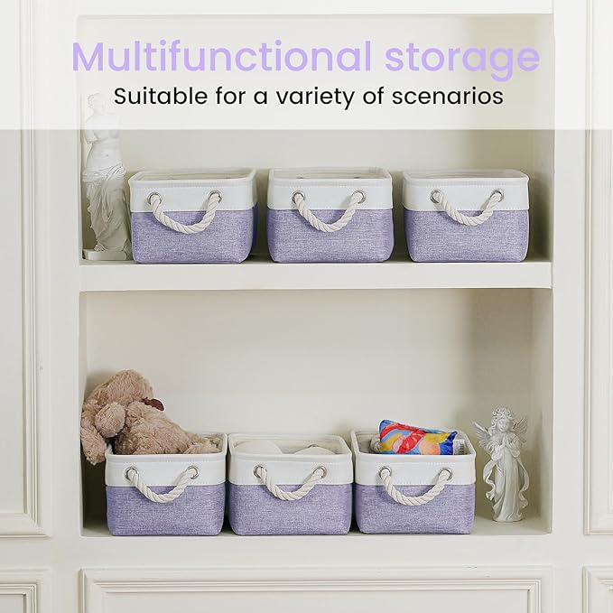 Storage Baskets for Shelves 11.8x7.9x5.2 Inch, Foldable Fabric Storage Bins with Handles, Small Storage Baskets for Organizing Closet, Office, Home Organization (1-Pack, White&Purple)