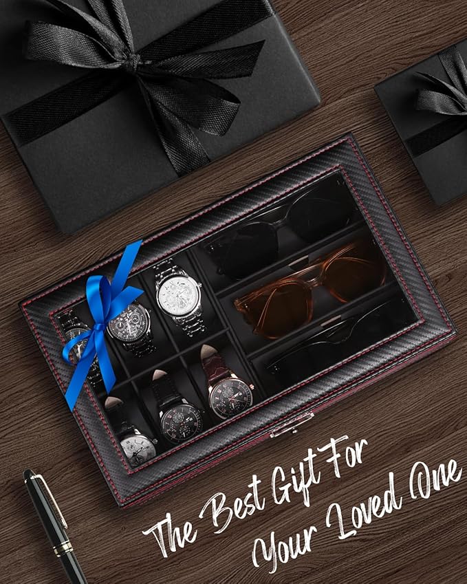 Jenseits Watch Box for Mens Jewelry Box, 6 Slot Watch Case & 3 Slot Sunglasses Organizer, Lockable PU Leather Jewelry Organizer Watch Display Storage W/Drawer For Rings Bracelets, Gift for Men Women