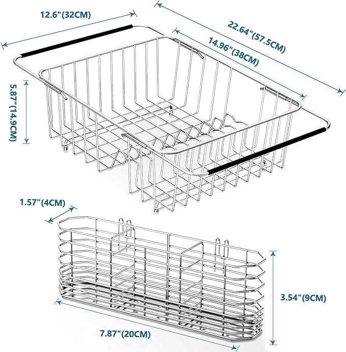 YZPGBT Large Dish Drying Rack in Sink Expandable, Adjustable304 Stainless Steel Metal Dish DrainerRack Organizer with Stainless Steel Utensil Holder Over Inside Sink Counter, Rustproof