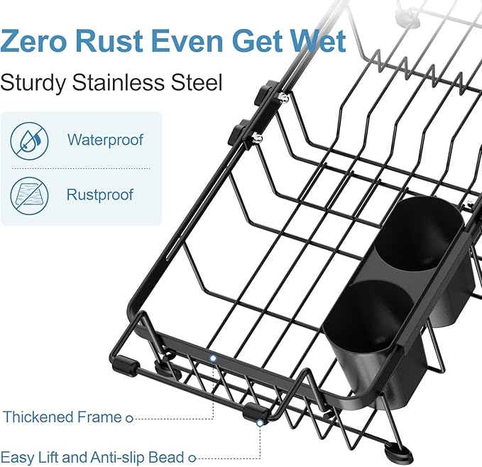 iSPECLE Small Sink Dish Drying Rack with Cup Holder, Expandable Rust Resistant Dish Drainer for RV Kitchen, Dish Rack with Tightening Knob, Arms with Non Slip Rubber, Fit Sink 12"-16.8" L, Black