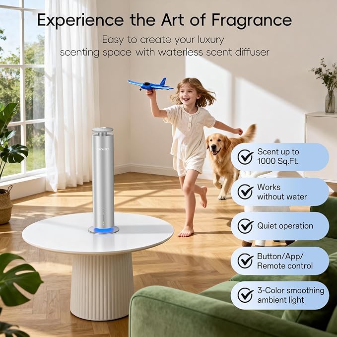 The CACAFSFY Waterless Scent Diffuser Starter Kit - 1000 Sq Ft Coverage, Hotel Scent Diffuser, Essential Oil Diffuser Large Room, Included 2x120ml Scent Oils, Remote Control,Cold Air Diffuser