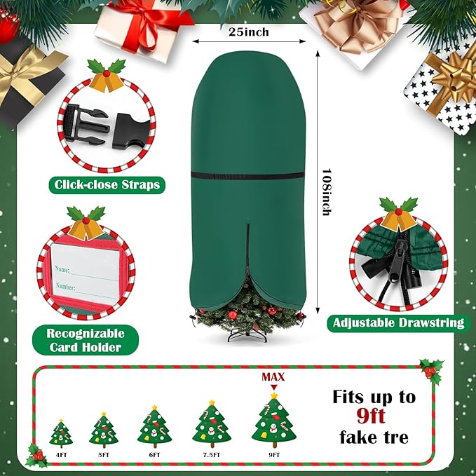 SATINIOR 6 Pcs Upright Christmas Tree Storage Bag Set 9 Ft Christmas Tree Storage Bag 26" Xmas Wreath Containers 11.8" Ornament Bags with Dividers Hold 64 Balls for Artificial Trees Garland(Green)