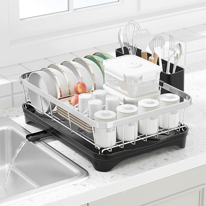 HOMEBOSILY Dish Drying Rack 304 Stainless Steel Dish Rack with Drainboard,Space Spaving Auto-Draining Drying Racks for Kitchen Counter,Large Capacity Dish Racks for Bowls, Cups, Dish Drainer Black