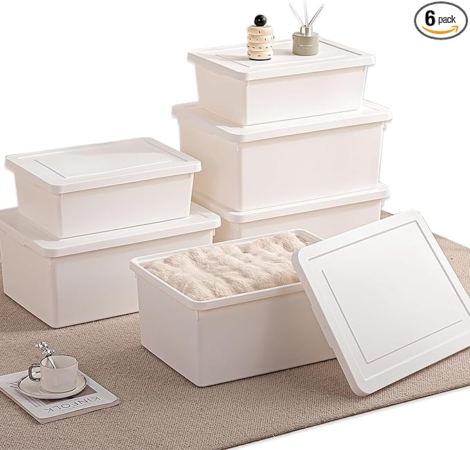 （4XXL+2L） 6gal+3gal Large capacity White multifunction storage bin with lid, Set of 6 Stackable Plastic Boxes with Handles, Office，Garage ，Home, for Organizing Snacks, Crafts, Legos, Tools,books