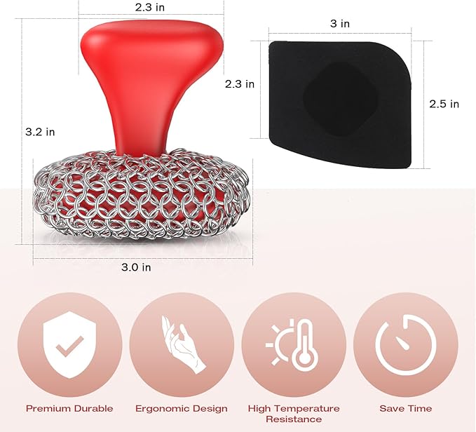 Purgreat Cast Iron Scrubber | Dish Scrub Brush | 316 Cast Iron Cleaner Chainmail Scrubber for Pan Skillet Cleaner - Dish Scouring Pad Dishwasher Safe Cleaning Kit, Red