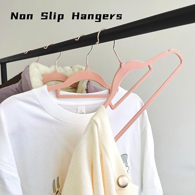 Pink Velvet Hangers 50 Pack - Rose Gold Hook, Space Saving Non-Slip Clothes Hangers, 16.5 Inch with Tie Bar for Coats,Sweater,Jackets,Dresses, Shirts, Suits & T-Shirts