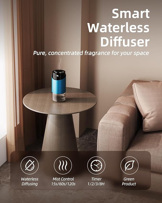 Waterless Essential Oil Diffuser Aromatherapy Scent Diffusers for Home Large Room, Bedroom, Car, Office, Battery Operated Mini Portable Air Freshener, 3 Countdown Timers & 3 Mist Levels