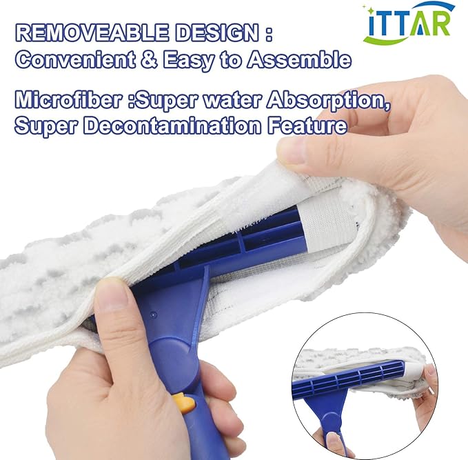 ITTAR Rotatable Window Cleaning Kit, Window Cleaner Squeegee with 60" Extension Pole, Rubber Squeegee & 2 Microfiber Scrubber Combo, Window Washing Equipment for Cleaning Shower, Windows, Car Glass