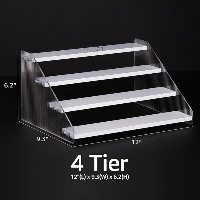 nianfeng Tiered Spice Rack, 4-Tier Spice Pantry Kitchen Cabinet Organizer, 12-Inch, Natural Wood Acrylic Stair Riser Stand, Countertop Seasoning Shelf (White)