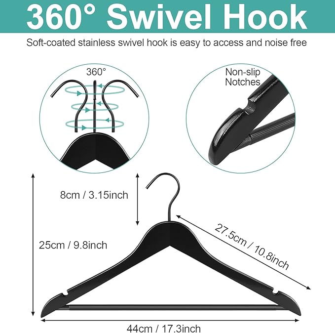 Grade A Real Wood Hangers 20 Pack, Suit, Coat, Solid Wood Construction, Smooth Finishes, Non-Slip Pants Bars, Soft Coated Hooks, 360° Swivel Hooks, Premium Quality Wooden Hangers (Black)