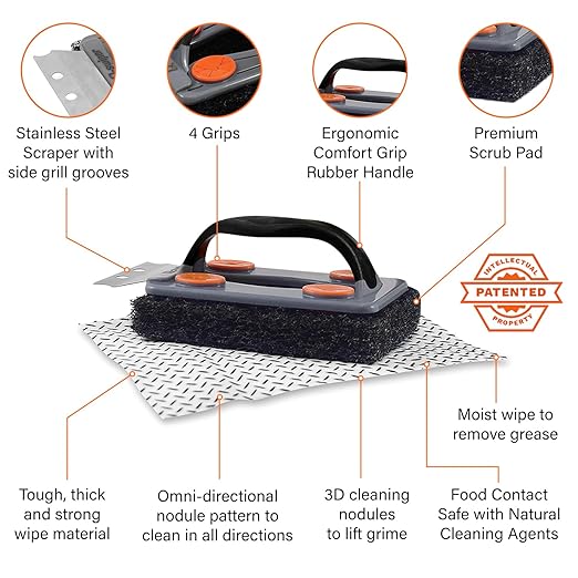 Proud Grill Q-Swiper BBQ Grill Cleaner Set - 1 Grill Brush with Scraper and 25 BBQ Grill Cleaning Wipes, Bristle-Free & Wire-Less, Safe Way to Remove Grease and Grime for A Clean and Healthy Grill