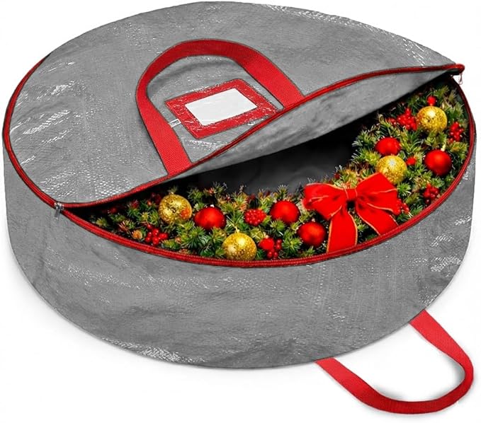 ZOBER Christmas Wreath Storage Container 36 Inch - Wreath Bag for Artificial Wreaths Box - Dual Zippered Wreaths Storage Bag with Strong Durable Handles - Gray