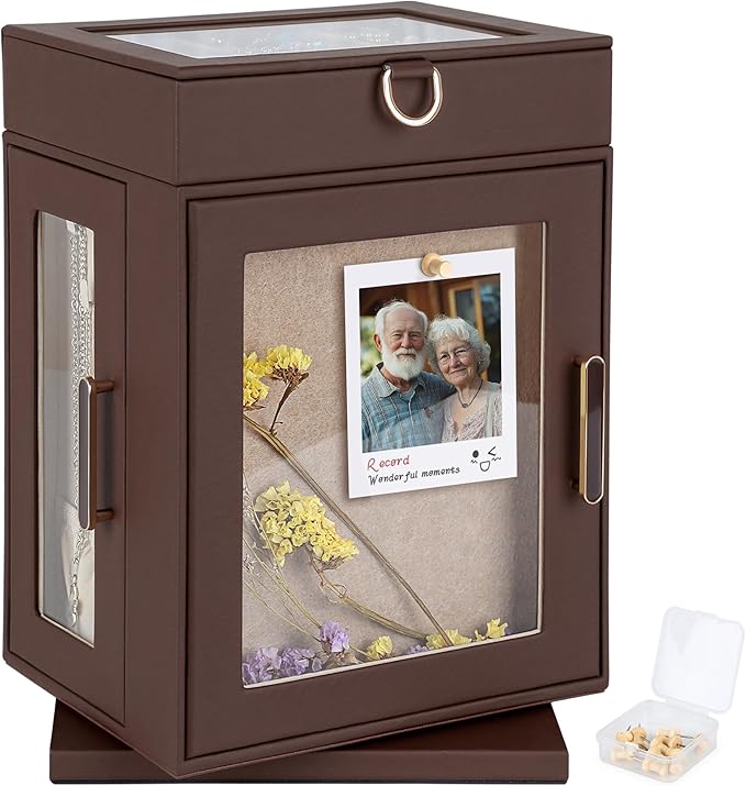 Kendal 360° Rotating Jewelry Box - Brown PU Leather Jewelry Organizer with Shadow Box & Pinboard, Detachable Top Tray, Drawers & Push Pins for Personalized Accessory Display & Storage