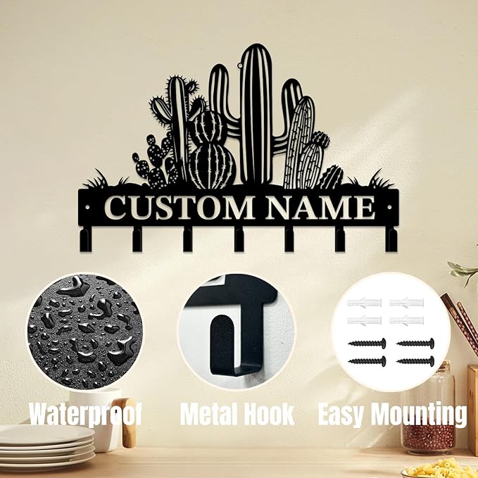 Personalized Custom Name Cactus Wall Keys Hooks,Metal Cactus Art Clothes Hooks,Metal Cactus Lover Wall Home Storage Decorative,For Front Door, Hallway, Kitchen, Bedroom,Keys,Hats (Style B)