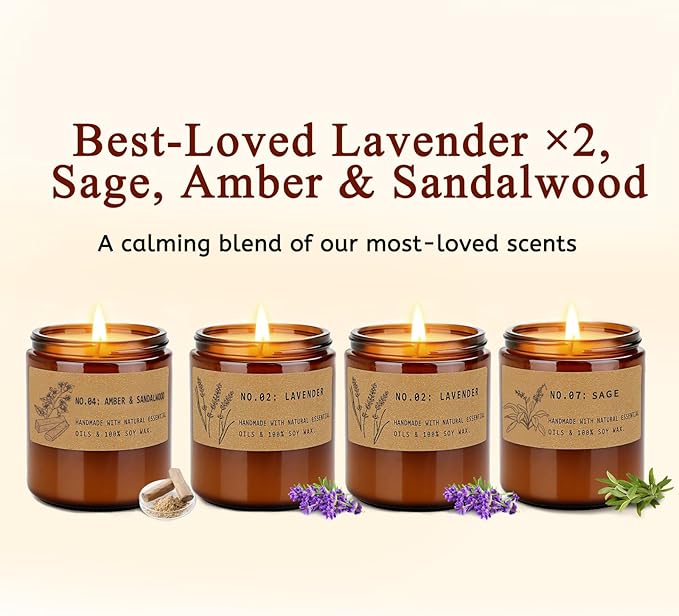 Scented Candles for Women – Large 36 oz Scented Candle Gift Set for Birthday Valentine's Day, Natural Soy Wax Amber Jar Candles with Lavender & Sage, 4-Pack Aromatherapy Set