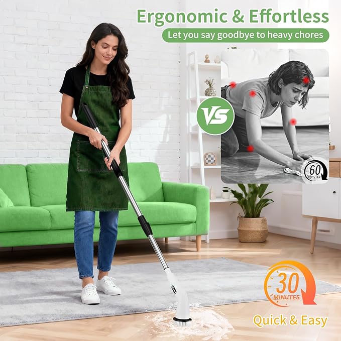 Electric Spin Scrubber - Household Cleaning Brush with 8 Heads, 51.2in Extendable Pole Bathroom Scrubber for Stubborn Grease on Grill, Stovetop & Bathtub, 90Min Runtime - Type B