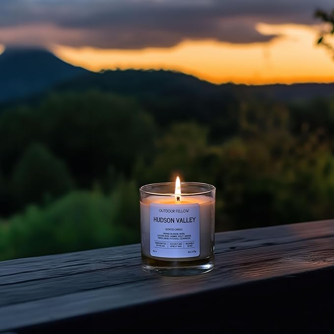 Outdoor Fellow Hudson Valley Scented Candle, 8oz, Coconut & Apricot Wax Blend, Orange Blossom, Jasmine, Patchouli, Reusable Glass, 40-50 Hour Burn Time