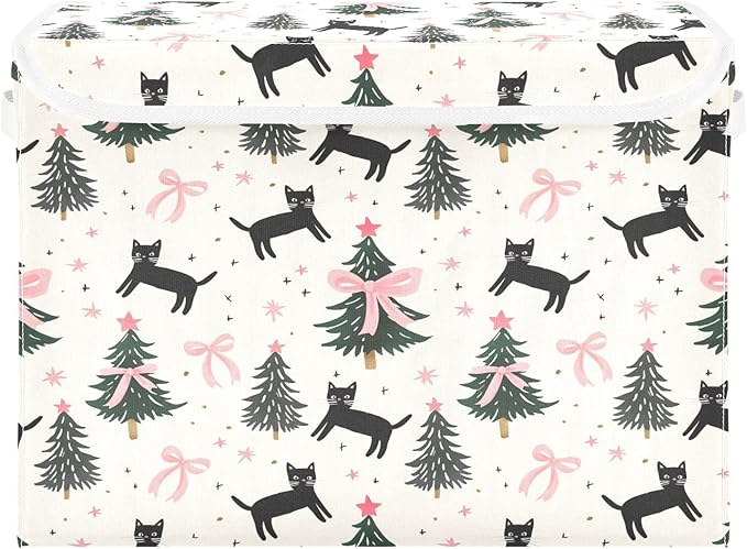 Bolaz Storage Bins with Lids and Handles,Pink Bows Cats Christmas Tree Pattern Storage Box Basket with Cover Collapsible Organizer Containers for Home Closet, Shelves