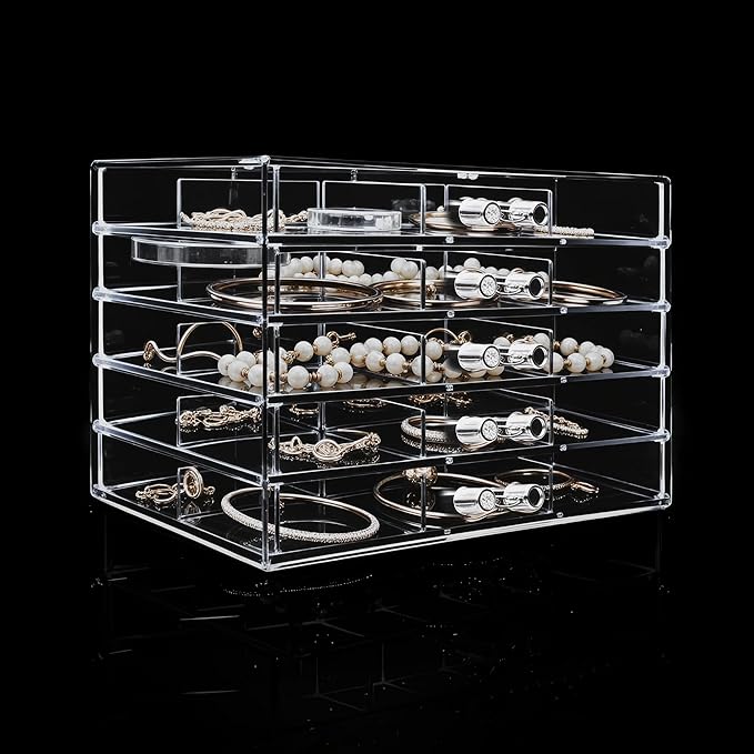 Clear Acrylic Jewelry Storage Box, Earring Jewelry Organizer with 5 Drawers, 5-Layer Jewelry Box for Women, Earrings Display Holder for Ring Bracelet Necklace, 30 Grids Compartment Storage Box