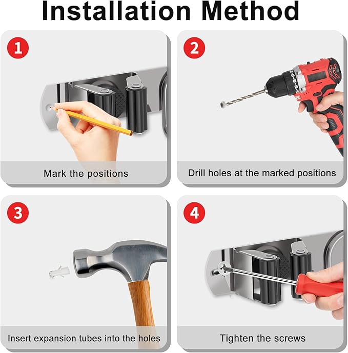 Mop Broom Holder Wall Mount, 2 Packs Silver Stainless Steel Tool Storage Organizer for Kitchen Garden Garage Laundry Room Bathroom and RV with 4 Slots 6 Hooks