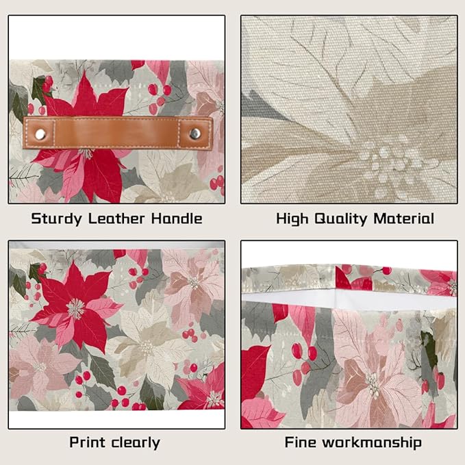 Storage Baskets Bin, Christmas Winter Poinsettia Collapsible Canvas Fabric Storage Bin Decorative Baskets Toy Organizer Rectangle Storage Boxes with Handles for Home Shelves Nursery, J-001