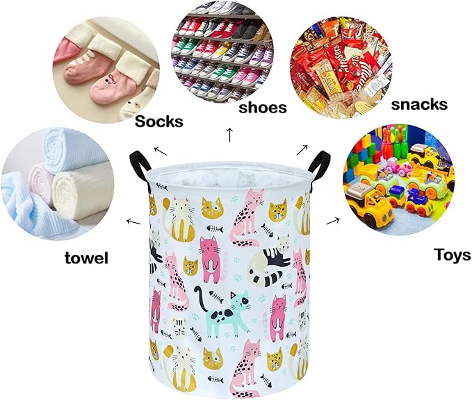 Round Cat Laundry Hamper Storage Basket Laundry Organizer Hamper Storage Bins Clothes Box Nursery Hamper Gift Basket with Handles