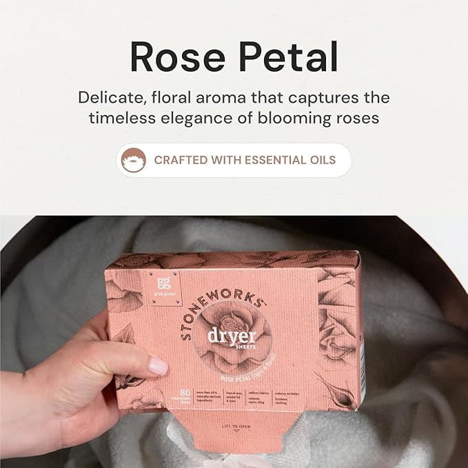 Grab Green Stoneworks Cruelty-Free Dryer Sheets | Softens Fabrics, Freshens Clothing & Reduces Static-Cling and Wrinkles | Plant Based | Rose Petal Scent (160 Sheets)
