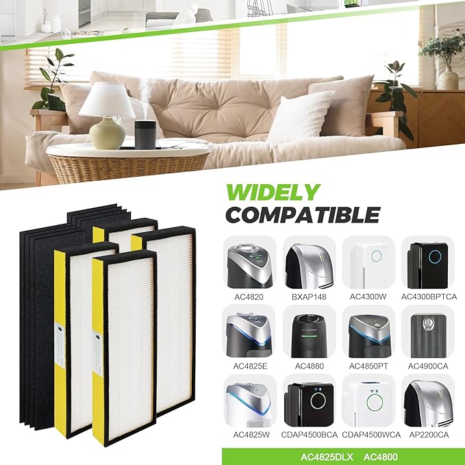 FLT4825 HEPA Filter B Replacement Compatible with G-Guardian Air Purifier AC4825 AC4825E AC4825W AC4300 AC4800 AC4850 AC4900 by Techecook - 4 x True H13 HEPA Filters, 8 x Activated Carbon Pre-Filters