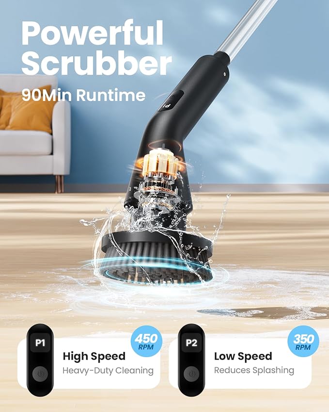 Topmako Electric Spin Scrubber, 2025 New Cordless Cleaning Brush for Home, IPX7 Waterproof Spin Scrubber with 7 Brush Heads, Adjustable Long Handle and 2 Rotating Speeds for Bathroom Tub Floor