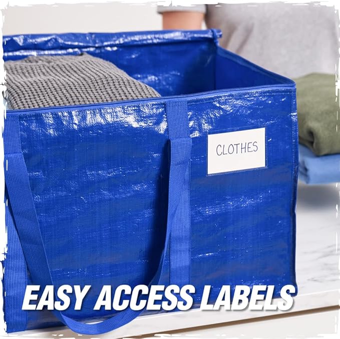 RUGGED RHINO 6 Pack Heavy Duty Extra Large Blue Moving Bags, Durable Bag with Strong Handles and Zipper, Moving Boxes Alternative for College Packing, Holiday Décor, Space Saving Storage with Label