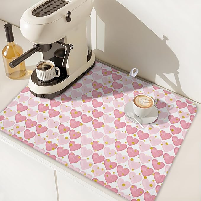 Valentines Day Dish Drying Mat for Kitchen Counter 24x18 Inch Love Drying Mat with Absorbent Reversible Microfiber Golden Pink Heart Dish Drainer Mats Rack Pad for Coffee Countertop Protector