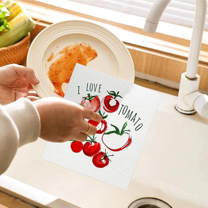 LARTSFRO Swedish Dishcloths for Kitchen, Swedish Dish Cleaning Cloths for Vegetable, Beet Chili Tomato Peas，Papaya Reusable Paper Towels, 4 Pack Dish Towels for Kitchen, Reusable Dishcloths Washable