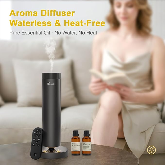 Waterless Diffuser,1500 Sq Ft,Ring Ambient Light,Rechargeable Wireless, Aluminum,Remote Control&Touch Buttons,Adjustable Fragrance Intensity&Timer,Hotel Collection Scent Machine - Satin Black
