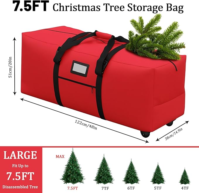 7.5 ft Christmas Tree Storage Bag, Heavy Duty Rolling Xmas Tree Bag with Reinforced Handles and Wheels, Large Storage Container for Trees and Decorations, Red