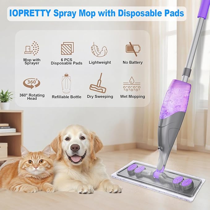 IOPRETTY Spray Mops for Floor Cleaning - Wet Dry Mops with 6 Disposable Pads for Swiffer Powermop - Refillable Bottle for Hardwood Tile Home Kitchen - Absorbs Pet Hair Dust Stains