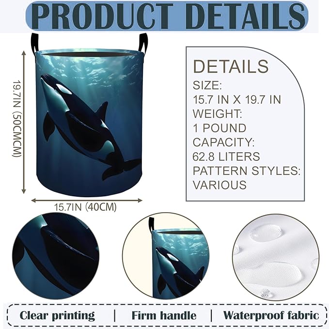 Orca Whale Laundry Basket Hamper 19.7"x15.8", Ocean Foldable Waterproof Oxford Clothes Storage Bucket for Room Bathroom Bedroom Nursery Decor, Toy Organizer Bins Gifts for Kids Boys Girls