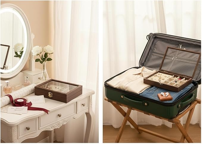 CT SUN Small Wooden Jewelry Organizer Box Case, Vintage Style Display Case with HD Glass Lid, Velvet Lining, for Women Rings Earrings Bracelets Brooches, Compact Size Jewelry Box for traveling