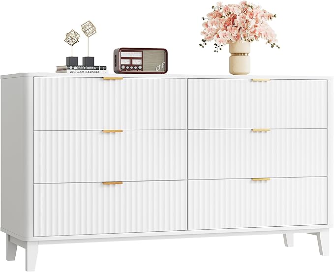 WLIVE Fluted Dresser for Bedroom with 6 Drawers, 54" Wide Wood Dresser with Golden Metal Handles, TV Stand for 65 inch TV, Mid Century Modern Chest of Drawers for Living Room, Hallway, Closet, White