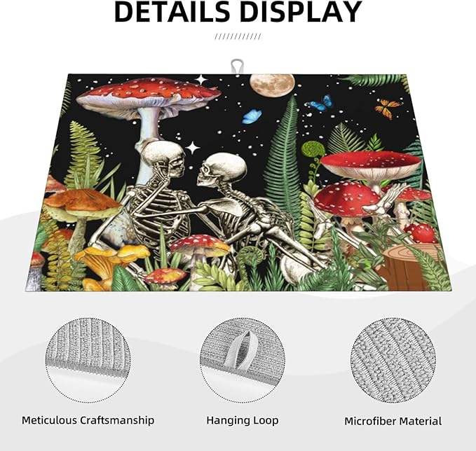 Red Mushroom Skull Dish Drying Mat 18x24 For Kitchen Counter Absorbent Microfiber Dishes Pad Dish Drainer Rack Mats Fast Dry Kitchen Accessories