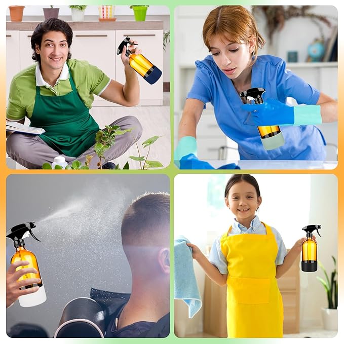 ZENOWICK 2 Pack/16 Oz Glass Spray Bottles, Refillable Empty Containers with Silicone Sleeve, Upgraded Adjustable Nozzle Spray Bottle Sets for Cleaning, Essential Oils, Hair (Amber)