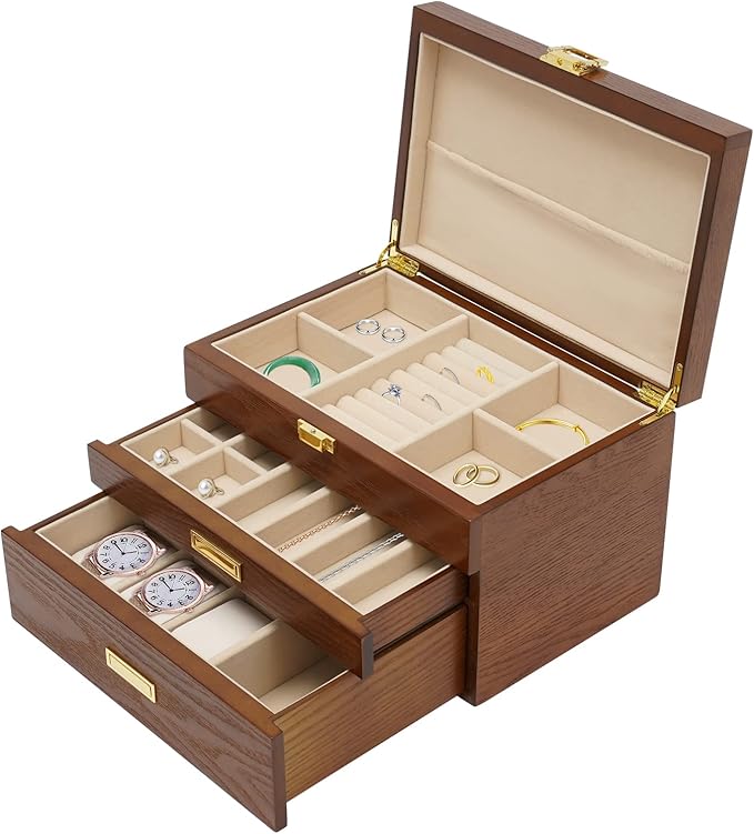 Wooden Jewelry Box for Women, 3 Layers Large Wooden Jewelry Organizer Box Watches Necklace Ring Storage Box for Women (Brown 3 Layer)
